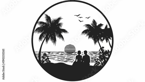 Couple sitting on beach watching sunset between palm trees by ocean