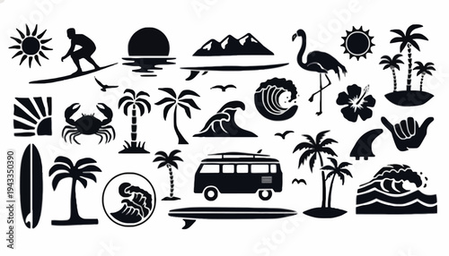 A collection of tropical vacation icons featuring a surfer riding wave near palm trees and flamingos.