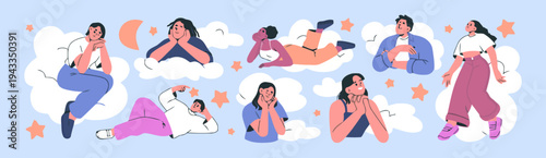 People are relaxing in various yoga poses on clouds with stars.