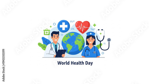 World Health Day Global Healthcare Vector Illustration, Doctor Nurse Medical Symbols, Modern Flat Design with Blue Green Medical Theme