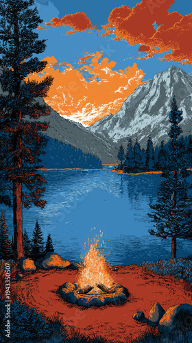 Pixelated view of campfire by a lake in mountainous landscape