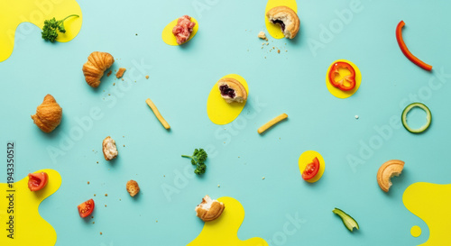 Scattered food scraps on colorful backdrop with bright patterns  