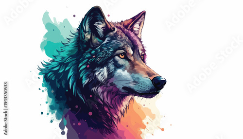 Vibrant colorful wolf portrait with artistic splashes surrounds the animal