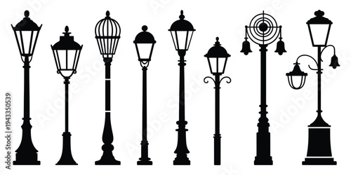 Street Lamp Silhouette Icon Set, Various Urban Lighting Designs for City Streets, Parks, and Public Spaces, Black Vector Collection for Graphic Design, Architecture, and Urban Landscape Projects