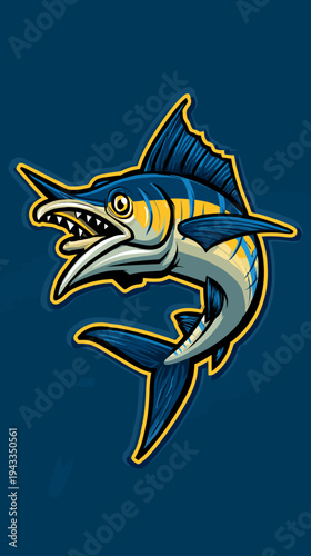 Cartoon illustration of a blue marlin fish on dark blue background