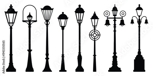 Street Lamp Silhouette Icon Set, Various Urban Lighting Designs for City Streets, Parks, and Public Spaces, Black Vector Collection for Graphic Design, Architecture, and Urban Landscape Projects