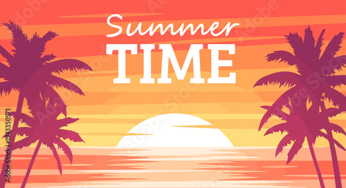 Vibrant Summer Sunset Illustration with Palm Trees on Beach