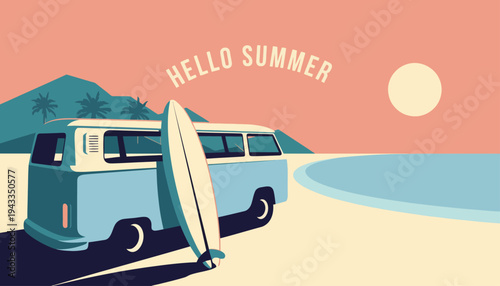 A blue van with a surfboard parked on a sunny beach with a mountain