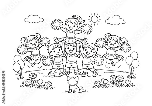 Cheer team performing on a sunny school field, pom-poms in hand, children smiling and jumping, balloons and flowers around, a