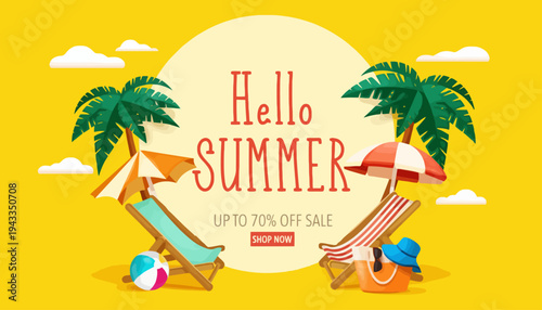 Summer sale advertisement with beach chairs and palm trees on a sunny day