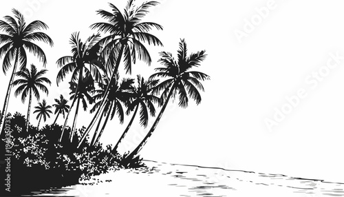 Palm trees stand tall on a serene beachside landscape at sunset