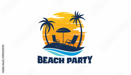 Vibrant beach party scene with palm trees and lounge chairs at sunset