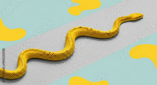 Yellow snake slithering across colorful abstract background  