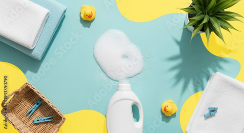 Spilled detergent with bubbles in laundry room on colorful background  