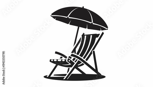 A beach chair sits under umbrella on sunny shore
