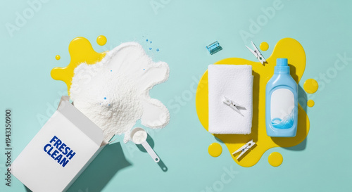 Spilled laundry detergent with fresh linens and cleaning tools on table  