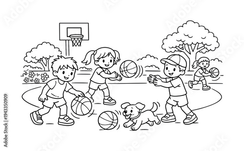 Playful Playground Scene. Basketball bounce on a school playground with kids dribbling and passing the ball, a small dog chasing