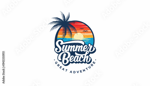 Summer beach logo with palm tree and sunset background