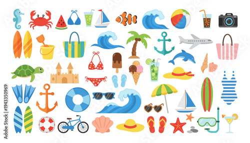 Summer vacation icons showcase beach fun activities and travel accessories
