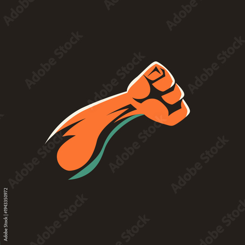 Orange fist with a dynamic design on a dark background, power concept.