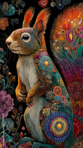 Artistic squirrel with floral patterns against a dark background vibrant illustration