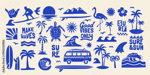 A vibrant beach scene with various illustrations of tropical icons and phrases on a sunny day