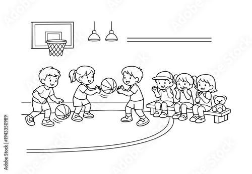 Basketball bounce indoors in a gym with kids dribbling and passing, friends cheering from the sidelines, a small teddy bear on