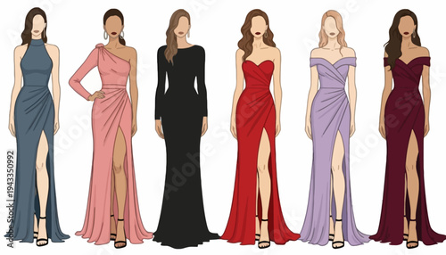 Six women in elegant evening gowns of various colors stand together