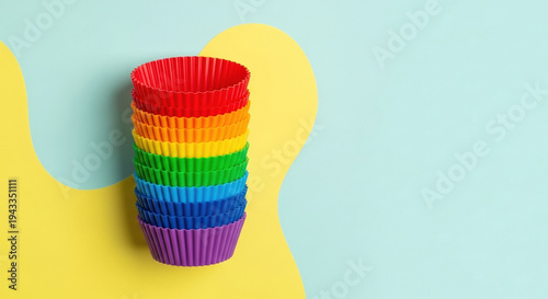 Stack of silicone cupcake liners in rainbow colors on pastel background  