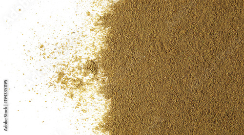 Garam masala ground, minced spice blend, isolated on white background, top view (cardamom, coriander, black pepper, fennel, fenugreek, turmeric, bay leaf, cloves, anise, nutmeg, cinnamon, ginger)