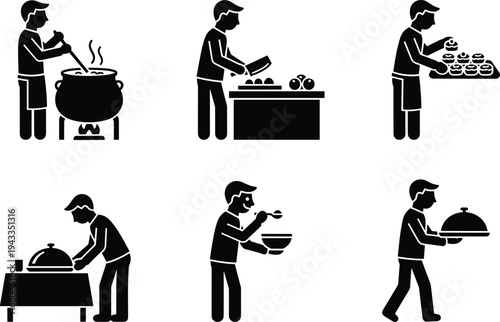 Chef Preparing Cooking and Serving Food Illustrations of Culinary Skills in Kitchen from Cooking to Meal Presentation