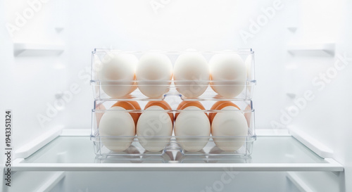 Stackable egg storage trays containing eggs in fridge interior  