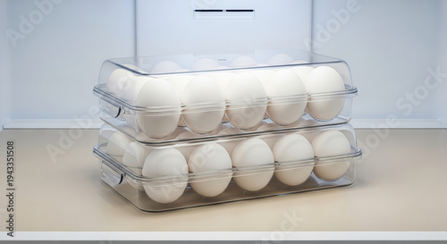 Stackable egg storage tray with white eggs in refrigerator  