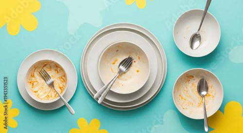 Stacked dirty dishes with forks and spoons on colorful background  