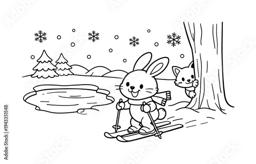 Happy bunny bunny skiing past a frozen pond, carrying ski poles, snowflakes falling, a little fox peeking from behind a tree,