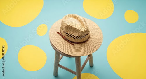 Straw hat resting on wooden stool against colorful backdrop  