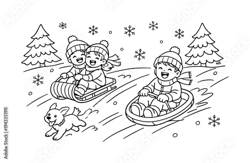Children sledding down a snowy hill, laughing and holding onto sleds, pine trees and snowflakes around, a small dog running