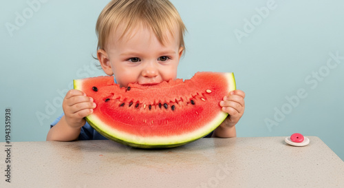 Toddler enjoying large slice of watermelon at table with blue background  