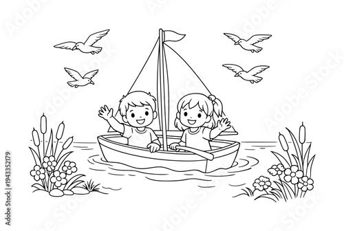 Children sailing a small boat on a calm lake, waving and smiling, seagulls flying above, flowers and reeds along the shore, black
