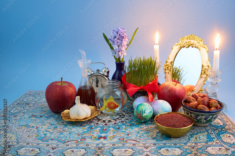 Fototapeta premium Haft-sin table representing nowruz with symbolic items