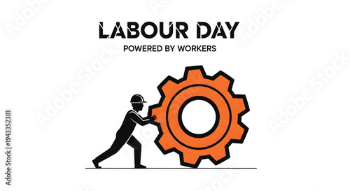 Labour Day Worker Pushing Orange Gear For Workers Day Concepts on transparent background