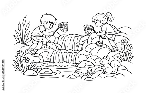 Kids Exploring Waterfall. Children climbing rocks near a cascading waterfall, carrying small nets for catching water bugs, flowers