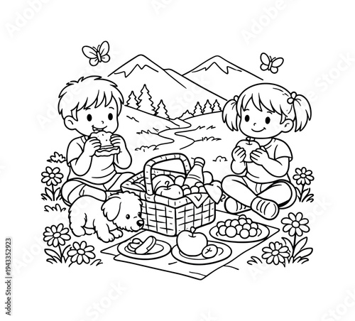 Picnic basket on a mountain trail with children enjoying sandwiches and fruits, a small dog sniffing the basket, flowers and
