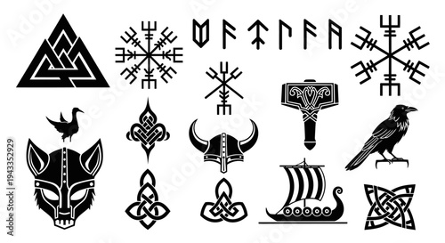Viking Norse Mythology Symbol Silhouette Set Scandinavian Rune Vector Isolated on White