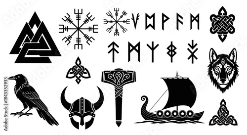 Viking Norse Mythology Symbol Silhouette Set Scandinavian Rune Vector Isolated on White
