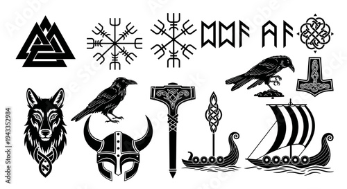 Viking Norse Mythology Symbol Silhouette Set Scandinavian Rune Vector Isolated on White