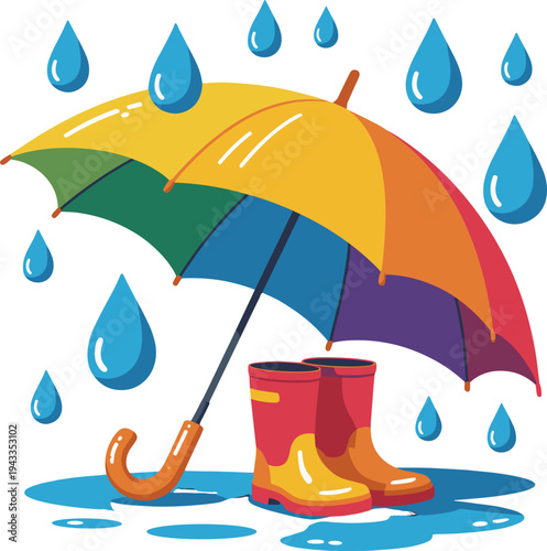 Colorful umbrella with rain boots and falling raindrops vector illustration