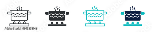 Cooking pot icon set, boiling saucepan kitchen cooking food preparation symbol, outline and solid and color style. Vector illustration.