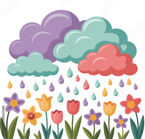 Colorful clouds raining over spring flowers tulips vector illustration