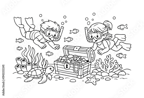 Children discovering a shipwreck treasure underwater, swimming with snorkels, treasure chest among coral and fish, a small turtle
